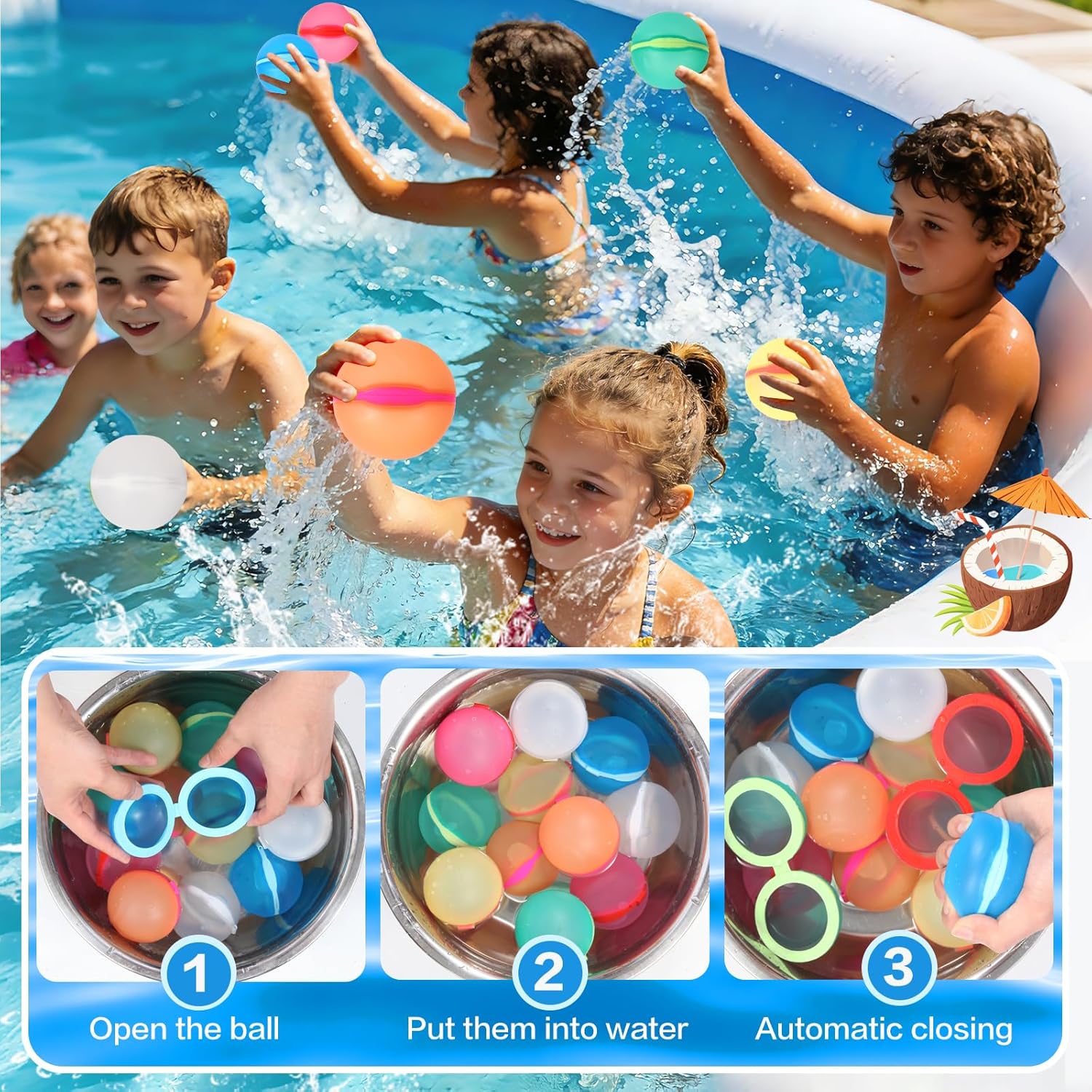 Reusable Water Balloons, 24 Pack Magnetic Refillable Water Balloons Quick Fill